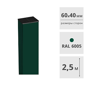 Столб для забора 60 х 40 мм, 2,5 м (RAL6005, зеленый), с пластиковой заглушкой
